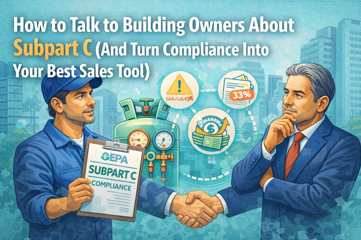 HVAC contractor and building owner shaking hands over an EPA Subpart C compliance agreement