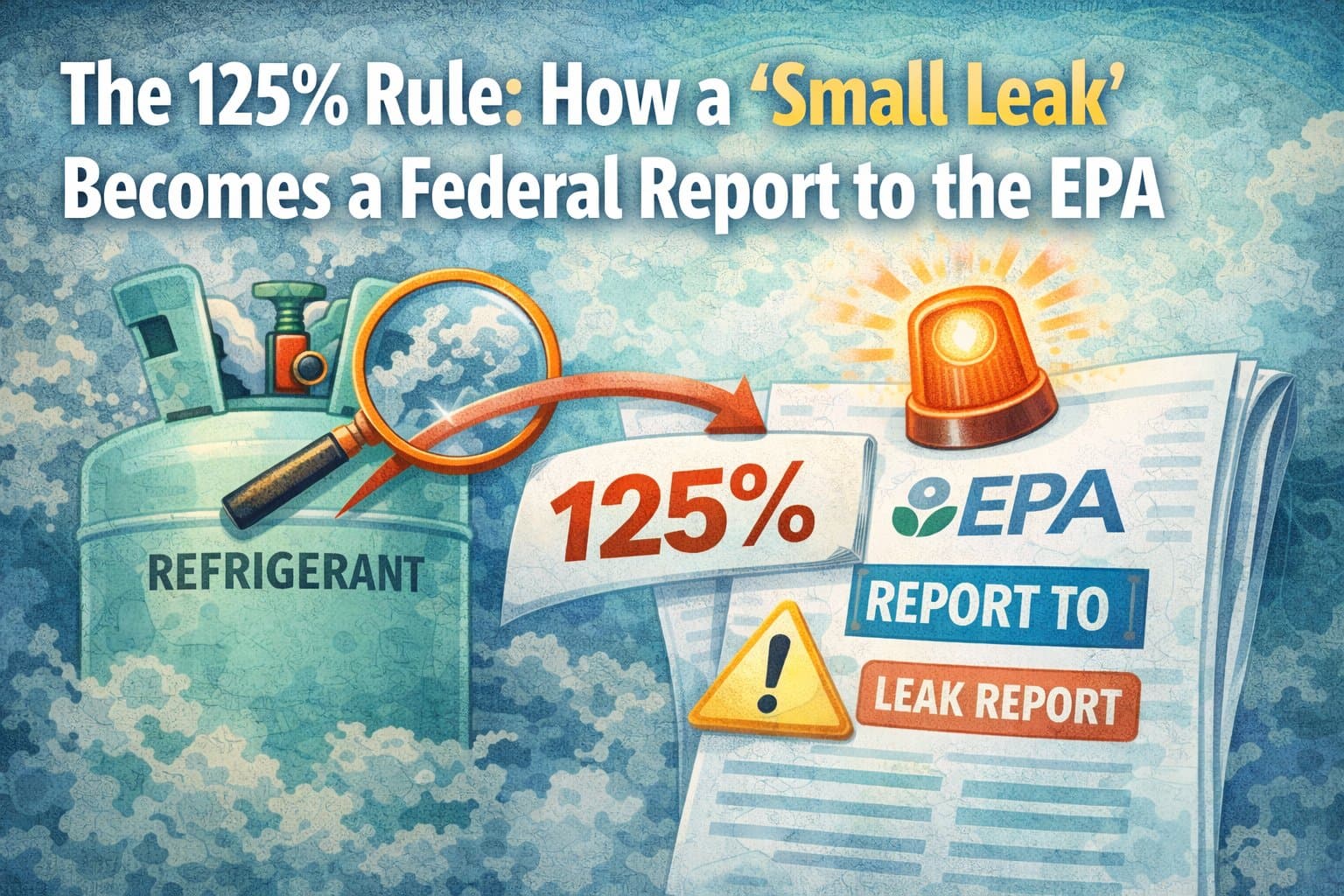 Refrigerant tank with magnifying glass showing 125 percent threshold triggering an EPA leak report