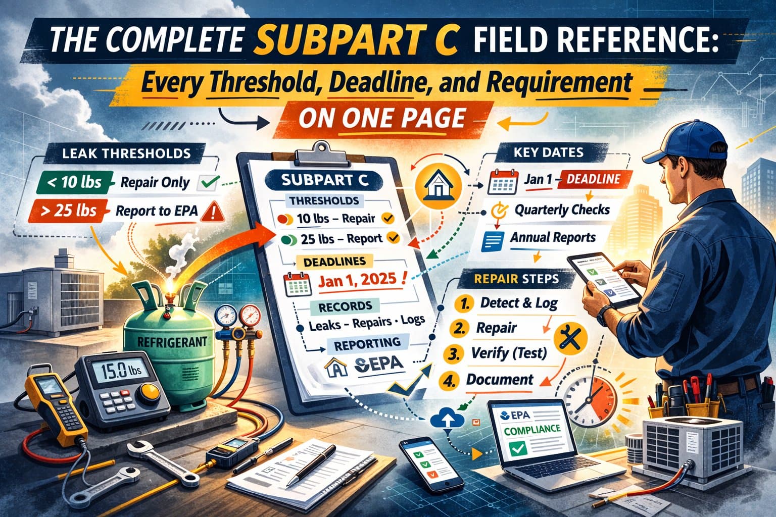 Complete Subpart C field reference infographic showing thresholds, deadlines, repair steps, and key dates