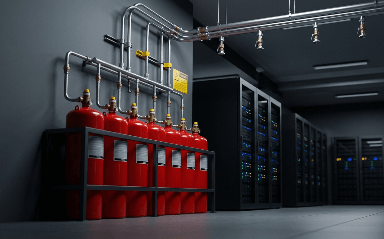 A bank of red HFC clean-agent fire suppression cylinders mounted in a commercial server room, with pipe runs to overhead nozzles and rack equipment in the background