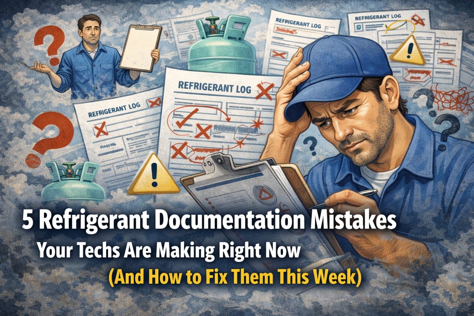 HVAC technician surrounded by marked-up refrigerant logs showing common documentation errors