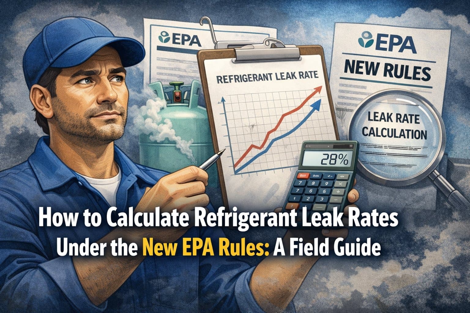 HVAC technician calculating refrigerant leak rates with EPA documentation and a calculator