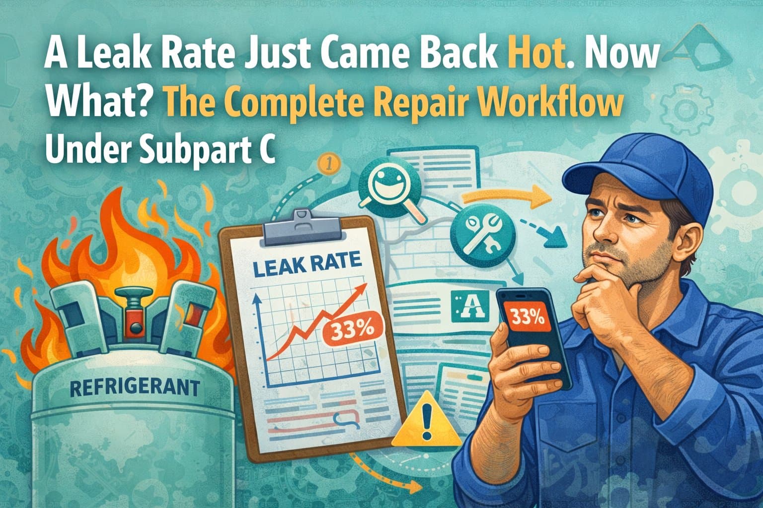 Technician reviewing a 33 percent leak rate on clipboard and phone with a refrigerant tank on fire