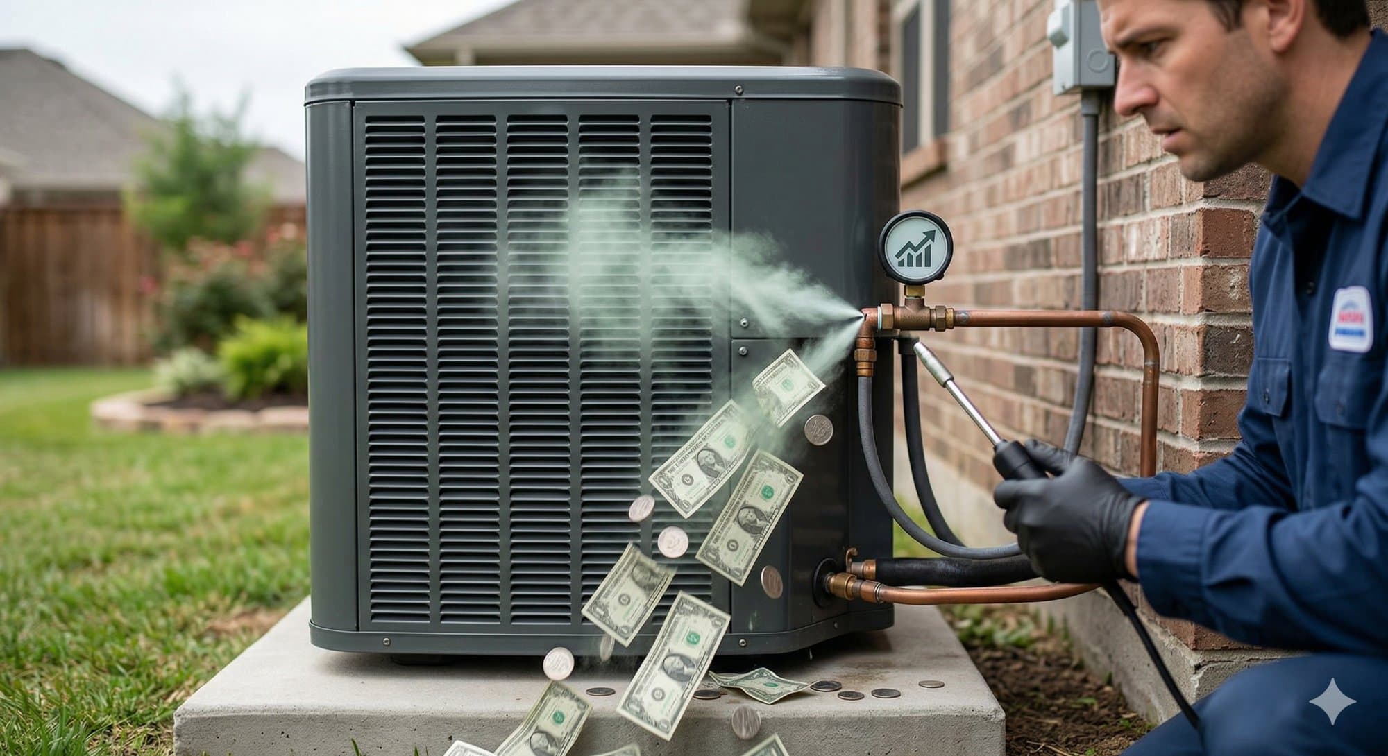 Rising refrigerant price chart alongside an HVAC contractor reviewing per-system cost data on a tablet