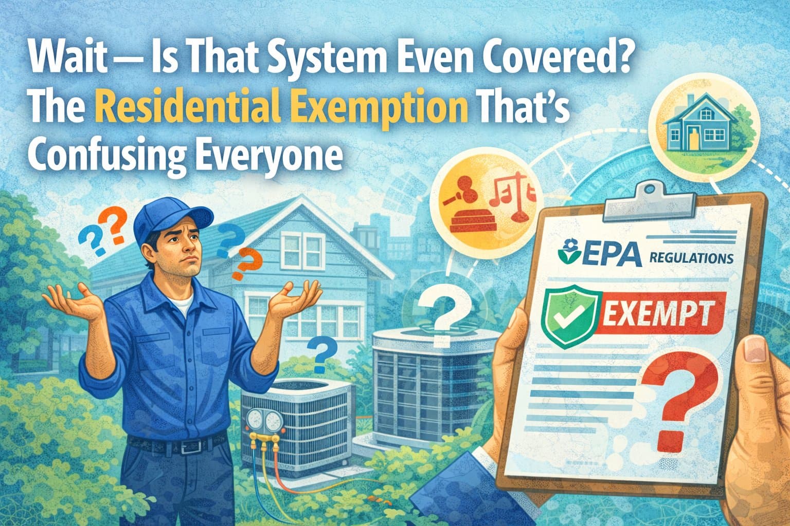 Confused HVAC tech with question marks next to a residential AC unit and an EPA exempt clipboard
