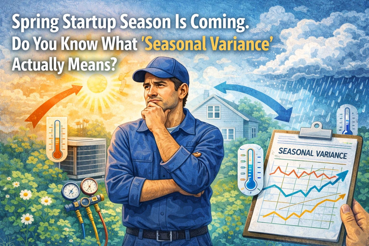 HVAC contractor considering seasonal variance rules with thermometers showing temperature changes between seasons