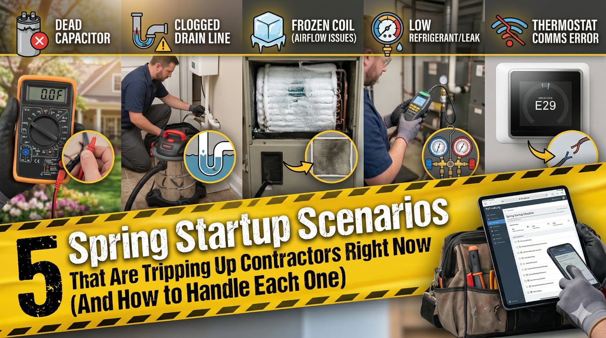 HVAC technician on a rooftop in spring connecting gauges to a commercial cooling unit with Subpart C compliance checklist