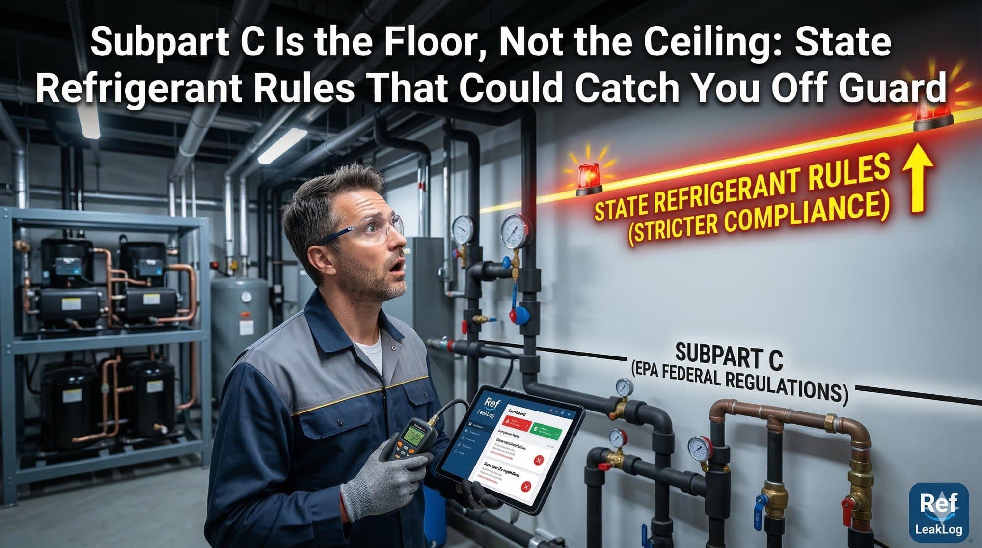 Map of the United States highlighting states with refrigerant regulations stricter than federal Subpart C