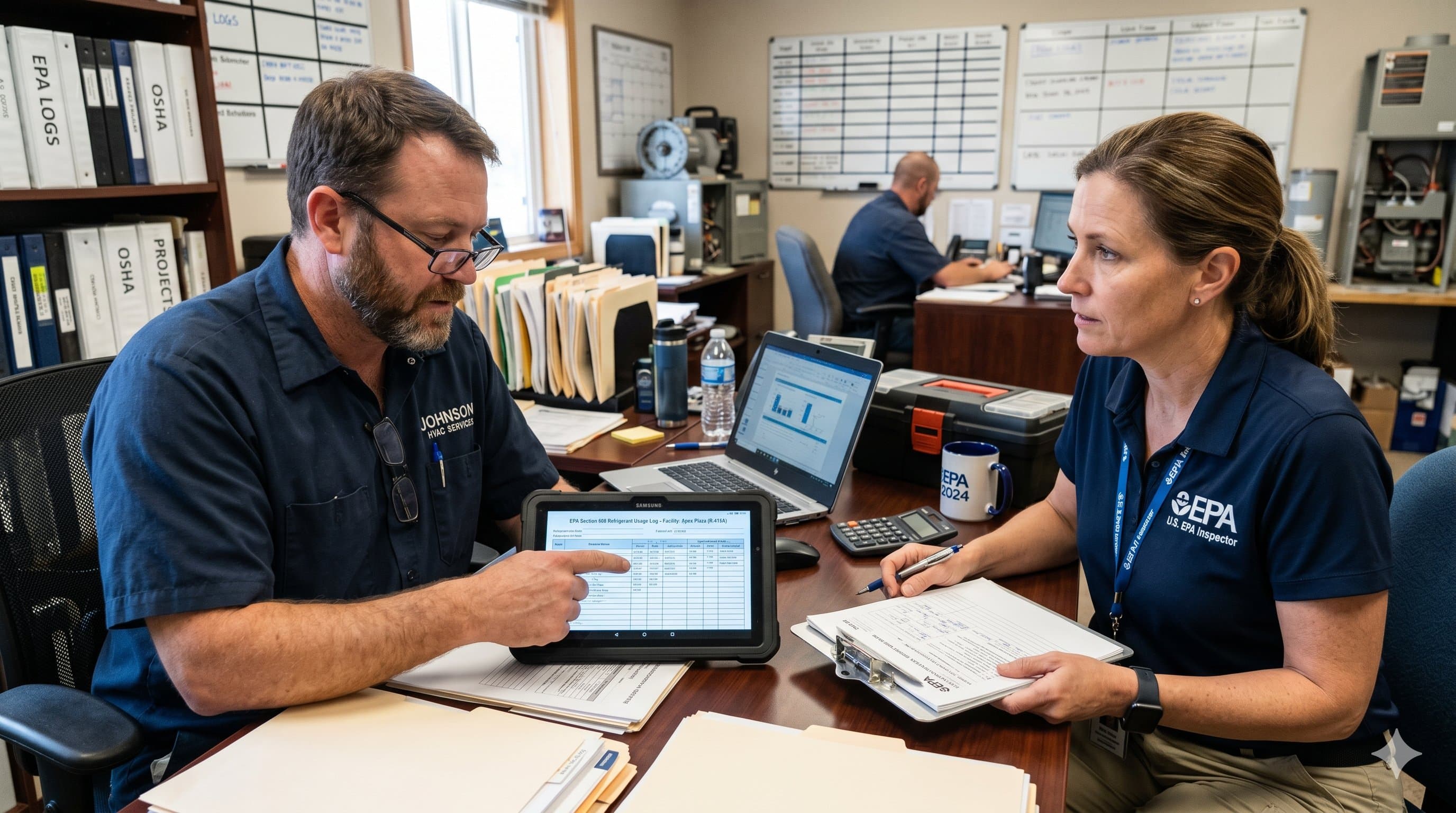 HVAC contractor reviewing refrigerant compliance records on a tablet across the desk from an EPA inspector with a clipboard