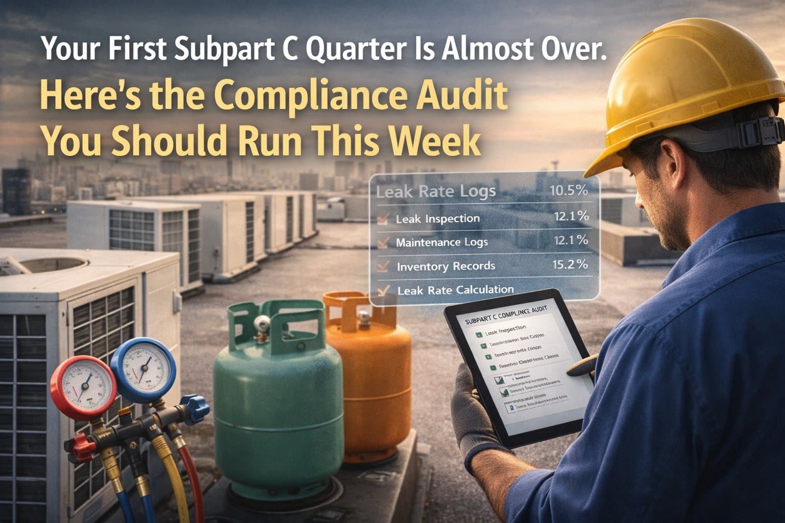 HVAC contractor reviewing a compliance audit clipboard with checkmarks and a calendar showing Q1 2026