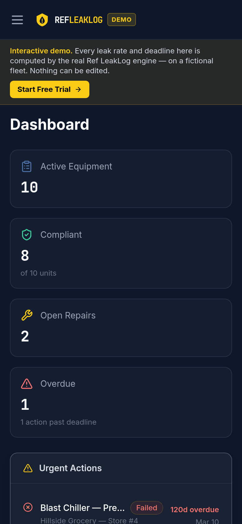 Ref LeakLog dashboard on a phone: fleet health counts and urgent actions for the demo fleet