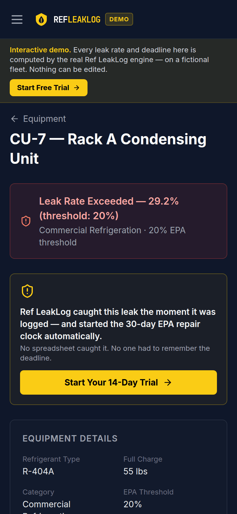 Ref LeakLog on a phone: equipment detail for condensing unit CU-7 showing a 29.2% leak rate over the 20% commercial threshold and the auto-started 30-day repair clock