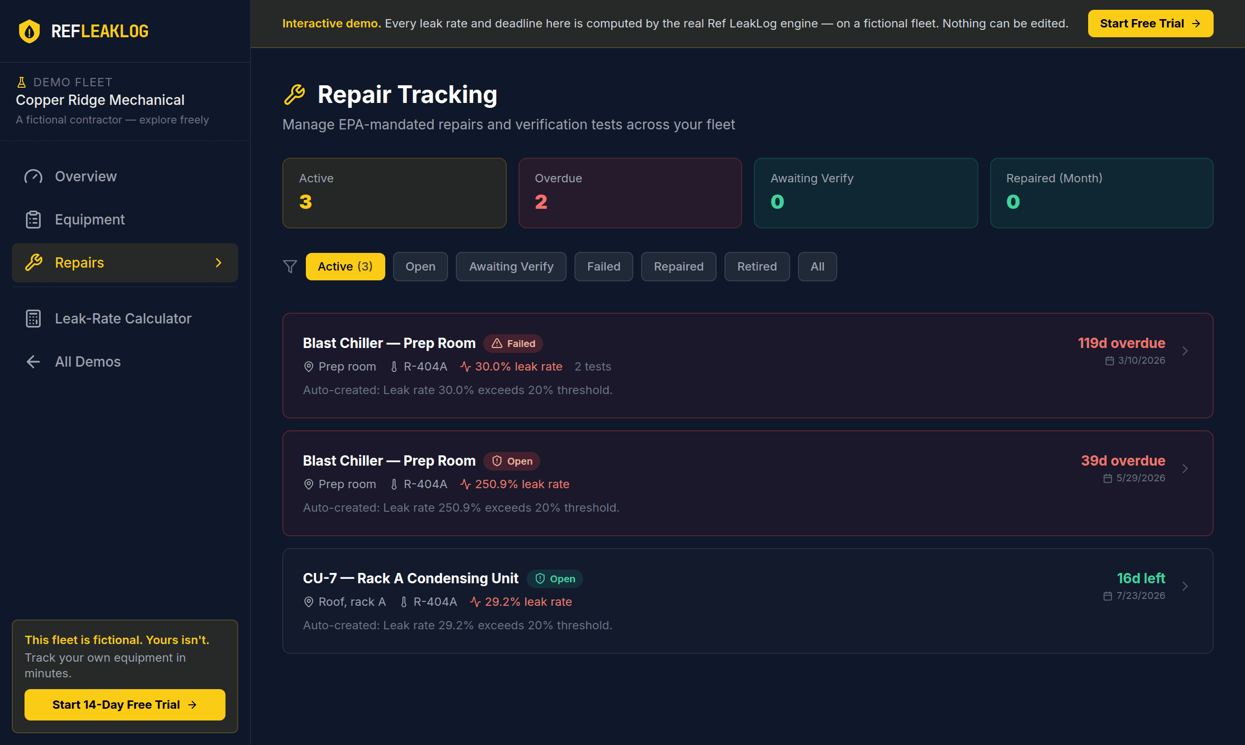 Repairs dashboard listing open repair actions with 30-day deadlines and verification test status