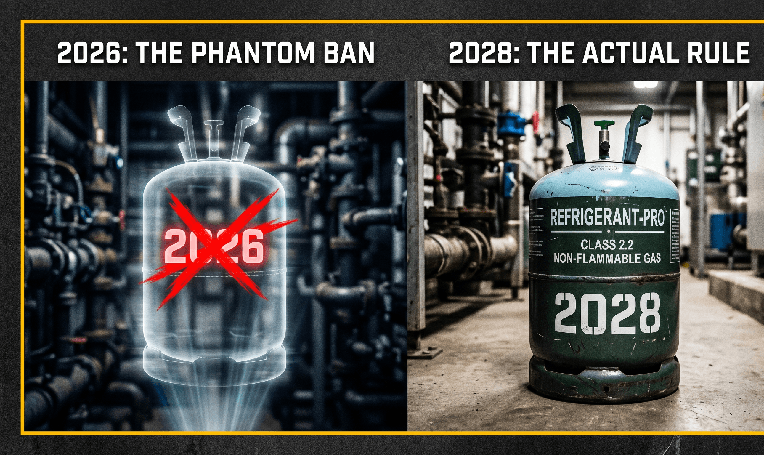 Split-frame image: on one side a struck-through phantom disposable refrigerant cylinder labeled with a vacated 2026 ban date, on the other a real cylinder marked with the 2028 heel-removal rule