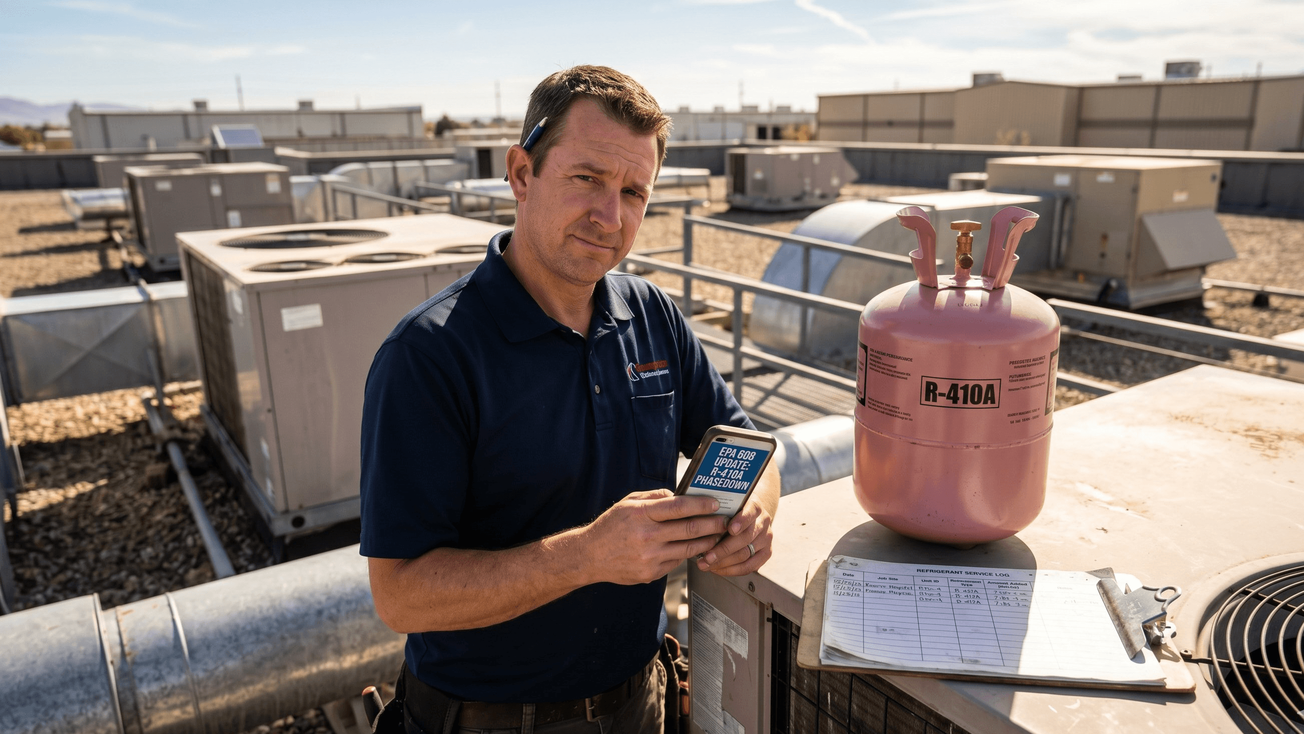 HVAC contractor reading an EPA rule update on a phone at a job site, with an R-410A cylinder and a refrigerant log clipboard beside him