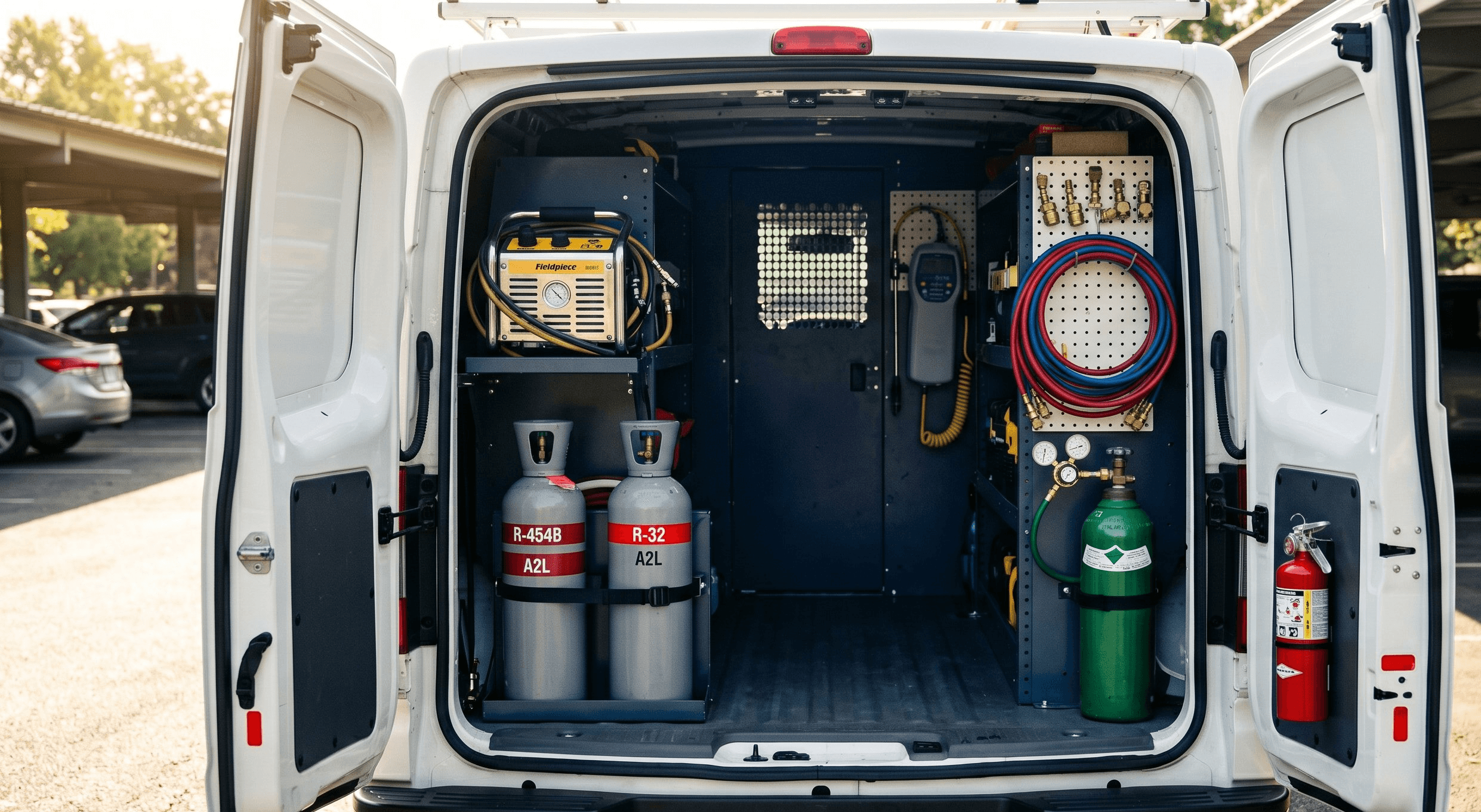 HVAC service van with rear doors open showing A2L-rated recovery machine, R-454B cylinders with left-hand thread fittings, A2L leak detector, and a fire extinguisher organized for summer service work
