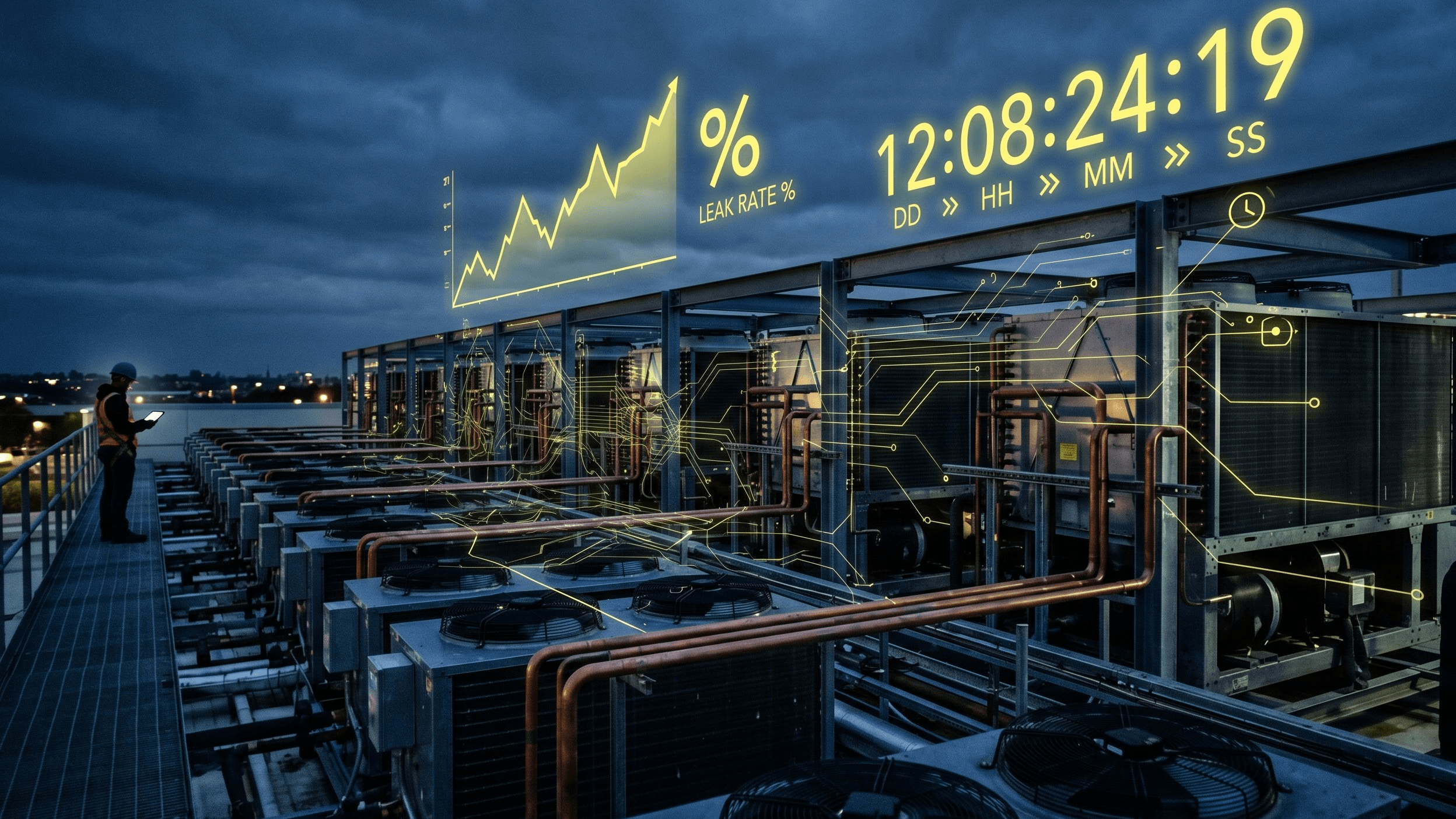 A supermarket rooftop refrigeration rack at dusk with translucent glowing data overlays showing leak rate percentages and penalty figures hovering over the condensing units