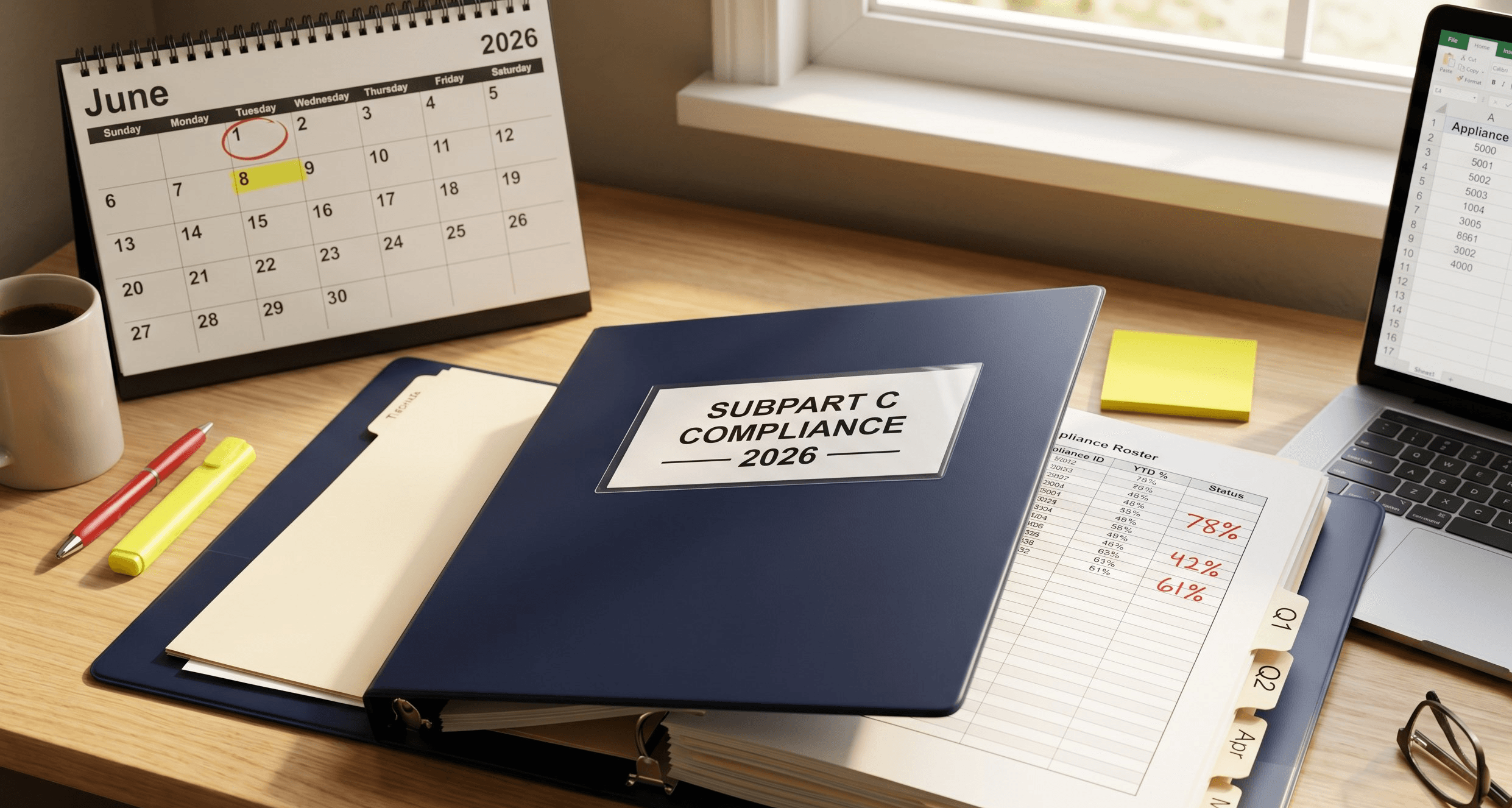 Office desk with open three-ring binder labeled SUBPART C 2026, a calendar showing July 1 circled, stacked service tickets organized in piles by appliance, a laptop open to a leak rate spreadsheet, and a coffee mug in mid-morning light