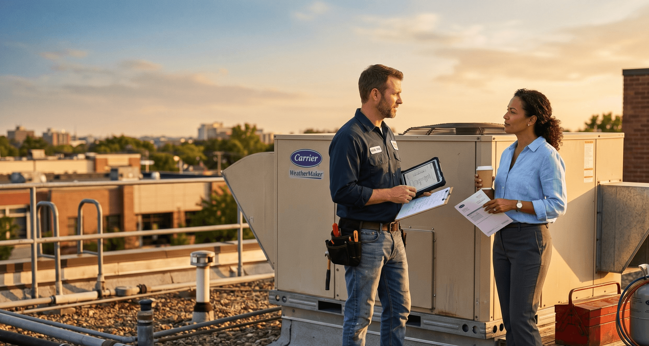 HVAC contractor and building owner reviewing a service history binder and equipment quotes on a clipboard, with a 7.5-ton rooftop unit visible in the background and a calculator on the desk between them