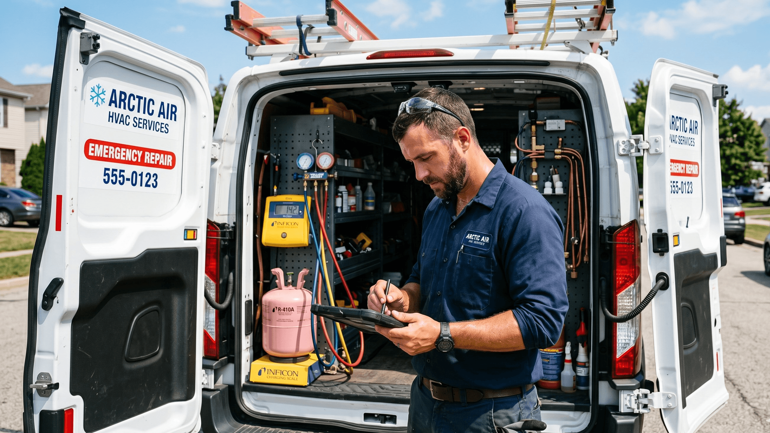 HVAC technician at the back of a service van on a hot summer afternoon, entering refrigerant data on a tablet between back-to-back calls