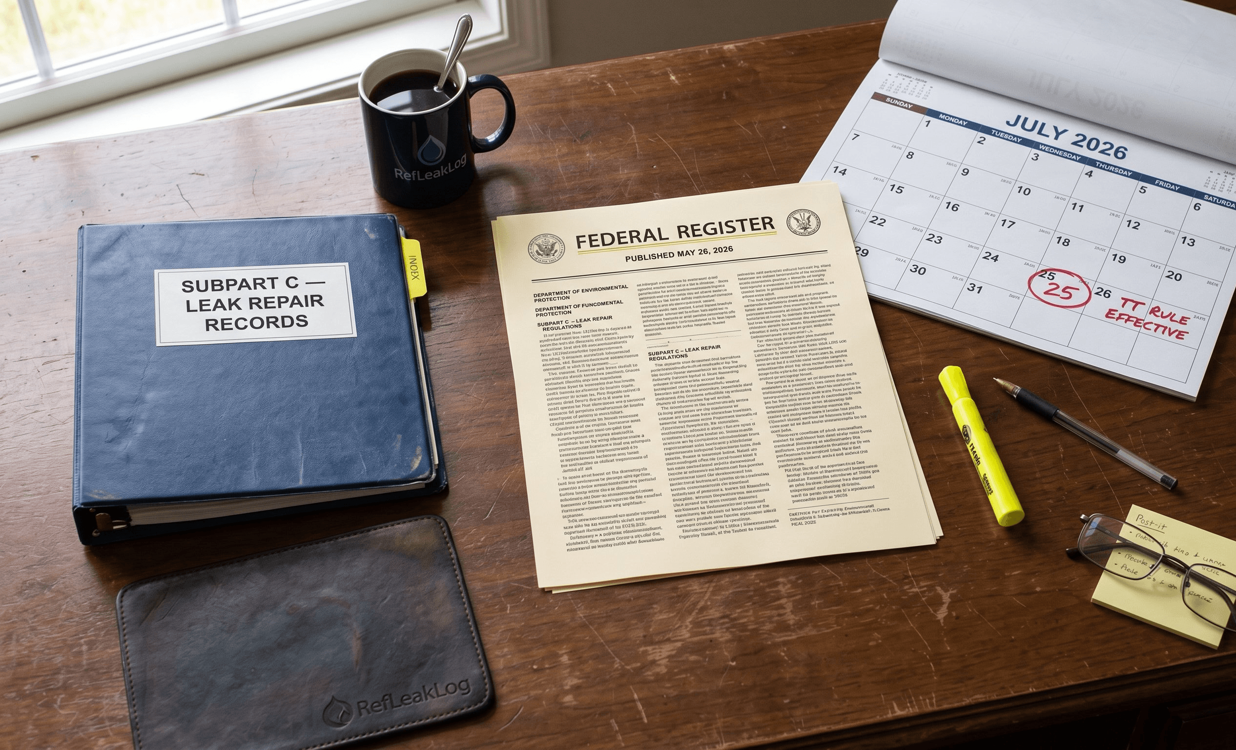 HVAC contractor on a rooftop reading a Federal Register notice on a tablet, with a refrigerant log clipboard beside him and a calendar showing July 25, 2026 circled